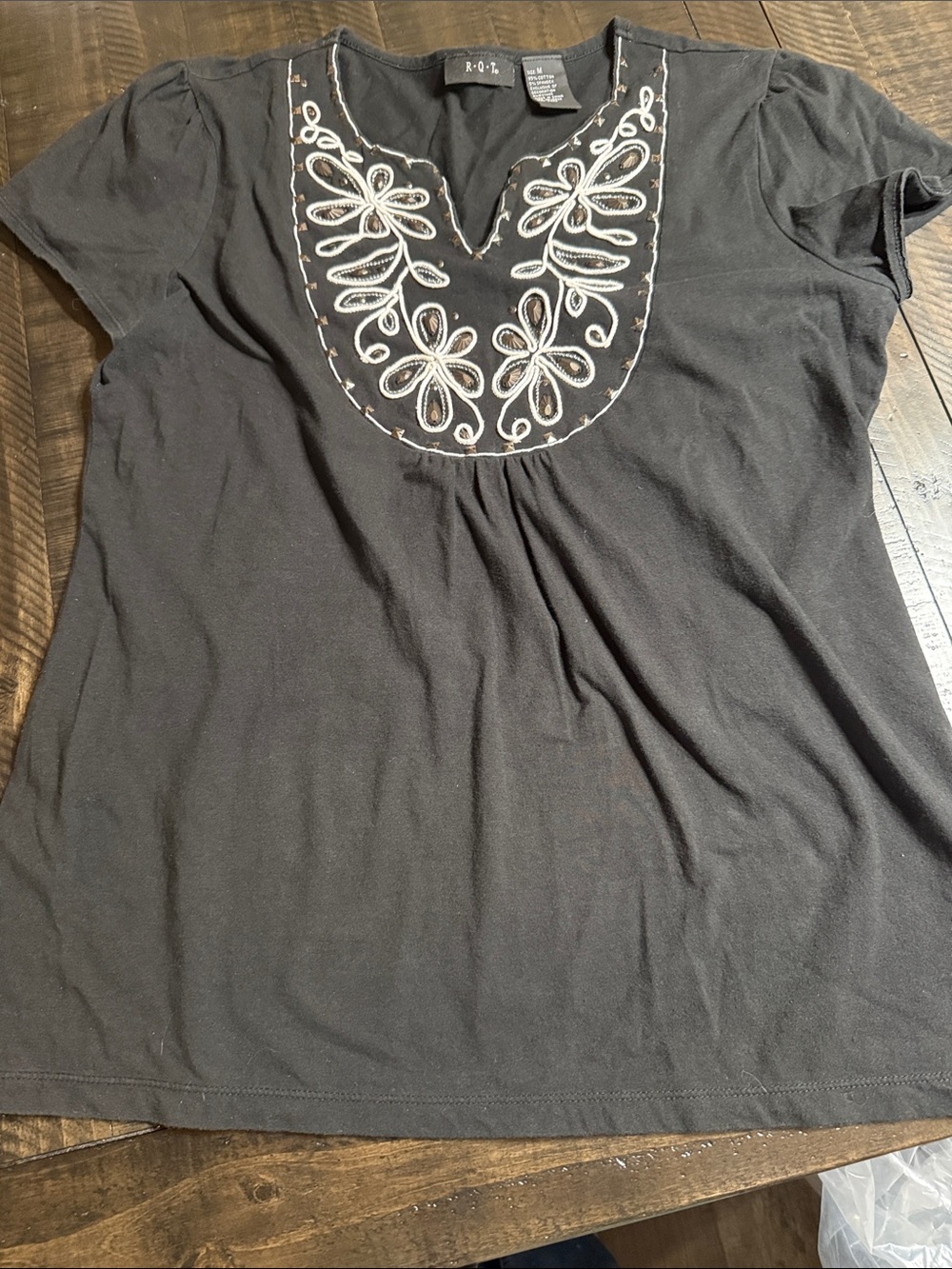Rafaella Black Scoop Neck Tee with White Embroidered Bib